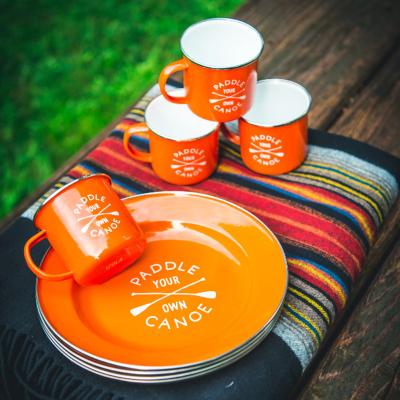 China Supplier Viable Wholesale Outdoor Camping Factory Orange Customized Logo Printing Silver Rim Bowl Enamel Mugs And Dishes With Gift Box for sale