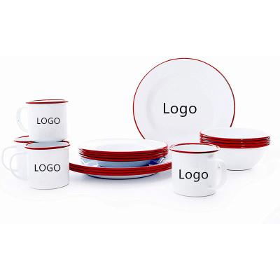 China 16pc Viable White Color Outdoor Picnic Outdoor Picnic Logo Kitchen Utensils Enamel Kitchen Custom Enamel Dinner Set With Red Rim for sale