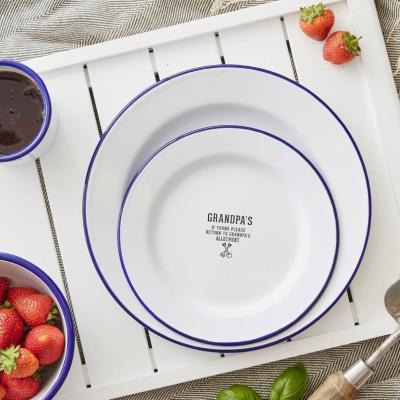 China Sustainable Food Grade Kitchenware Enamel Utensils OEM Branded Enamel Black White Camping Dish Oval Dish With Blue Rim for sale