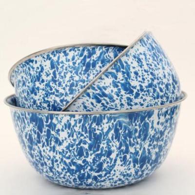 China Large Viable Blue Splash Salad Enamel Mixing Bowl White 26cm With Stainless Steel Rim for sale