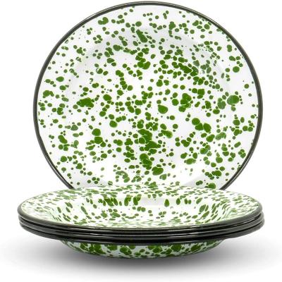 China 20cm enamel cast iron camping splatter green color dinner plate custom made 24cm outdoor viable shape hot plate for food for sale