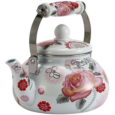 China Viable Design Round Enamel Dinner Vintage Black White Enamel Utensils Small Size Hot Water Tea Kettle With Flower Decal for sale