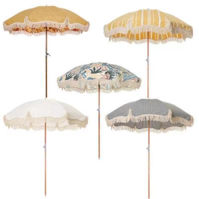 China 180CM Real Pole Print Modern Wood Custom Beach Umbrella With Tassels for sale