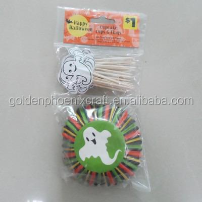 China Wholesale Disposable Halloween Cupcake Kit With 4 Style Toothpicks In Display Box/Muffin Cup for sale