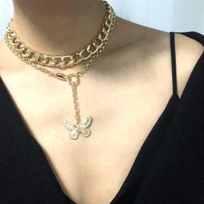 China Hiphop Hip Hop Jewelry Women Chain Necklace Double Layer Cuban Choker Necklace With Butterfly Charm for sale