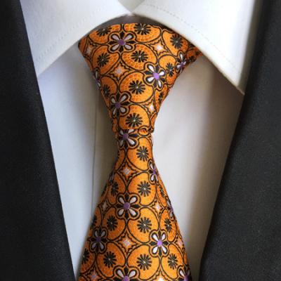 China 100% Handmade Custom Pattern Orange Necks Tie Mens Silk Jacquard Geometric Tie All Over Casual Small Blocking Woven Necktie for sale