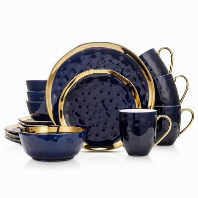 China Art Decor Stone Lain Porcelain Rim Dinnerware Set, Serving for 4, Black and Gold 16 Piece Dinnerware for sale