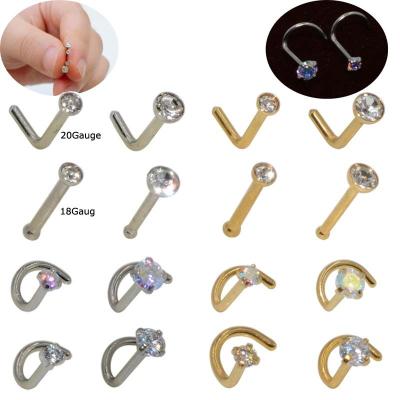 China Vintage L-Shape Nose Stud Piercing 18/20Gauge Stainless Steel With Zircon for sale