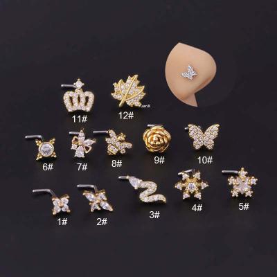 China CLASSIC L Shape Nose Piercing Jewelry Stainless Steel With Zircon 20gauge Butterfly Bee Rose Flower Shape for sale