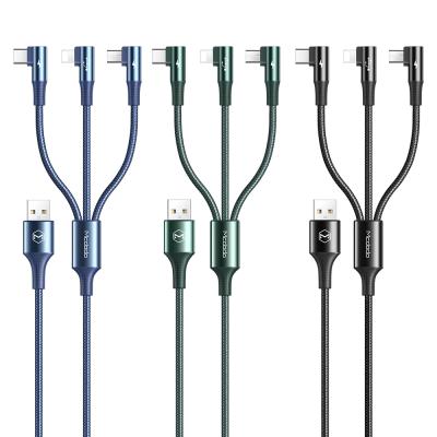 China 3A Fast Charger Cable New 3A Elbow 90 Degree 1.2m 3 in 1 Fast Charging Cable Mobile Phone Charging Type-C USB Charger Micro Data iPhone Cable for sale