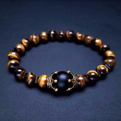 China Fashion Tiger Eye Stone Bead Men's Blue Bracelet Elasticity CLASSIC Natural Stone Antique Crown Jewelry Bracelet for sale