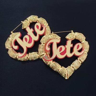 China FASHIONABLE Custom Made Personalized Bamboo Heart Shape Women Earrings Name Font Circle Letter Earrings for sale