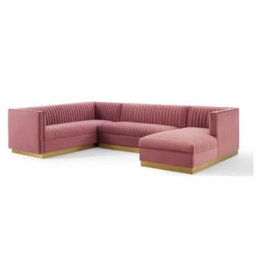 China 2020 Hot Selling Traditional Stainless Steel Base Channel Back Velvet Pink Sectional Sofa For Living Room for sale