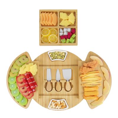 China Sustainable Bamboo Wooden Charcuterie Board Cheese Cutting Serving Board Board Set With Knife Set for sale