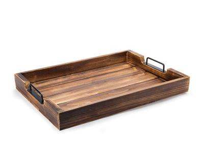 China 20-Inch Custom Bamboo Wooden Serving Home Tray With Modern Black Metal Handles for sale