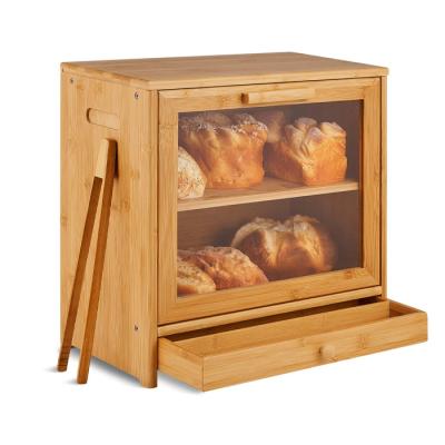 China Sustainable Bamboo 2 Layer Adjustable Bread Bin Bread Bin For Kitchen Counter With Acrylic Glass Window And Storage Drawer for sale