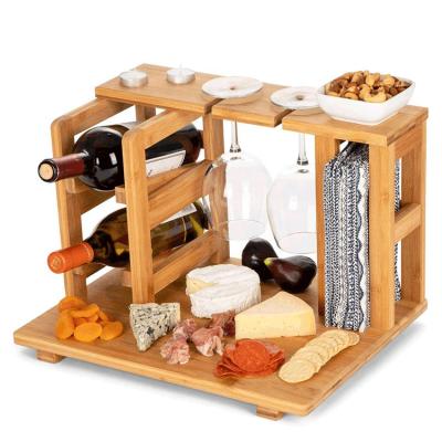 China Sustainable Bamboo Wine and Cheese Display Rack with Wine Cart Wooden Charcuterie Serving Tray Set for sale