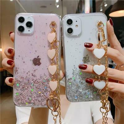 China Heart Shockproof Luxury Bling Glitter 3D Glitter Bracelet Chain Case For iPhone 13 12 11 Pro X XR XS 7 Max 8 Plus Case Cover for sale