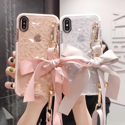 China Shockproof Luxury Clear Diamond Texture With Arc Lanyard Phone Case For iPhone 11 12 13 pro 7 8plus Xs XR Max Cover Funda for sale