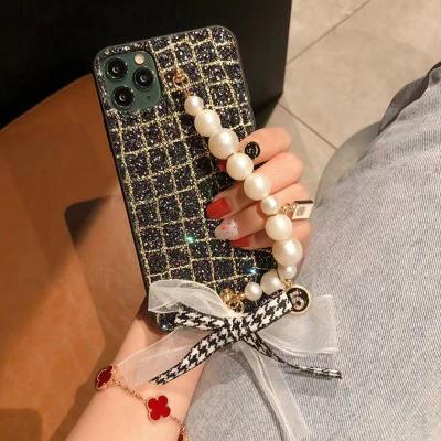 China Luxury Brand Glitter Lattice Pearl Arc Strap Shockproof Phone Case For iPhone 11 12 13 pro XR XS X 7 8 Max Max Cover for sale