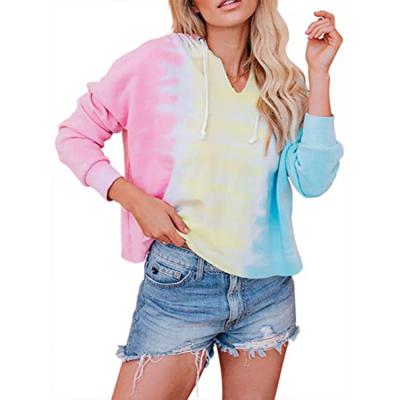 China Anti-pilling Coat Women's Tie Dye Gradient V-Neck Long Sleeve Hooded Casual Tops for sale