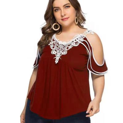 China 2021 European and American lace V-neck stitching short-sleeved anti-wrinkle off-the-shoulder plus size T-shirt female clothing in stock for sale