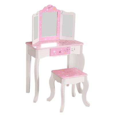 China Wholesale Foldable Kids Vanity Set Kids Wooden Dressing Table With Mirror Stool Pink Kids Vanity Table For Girls for sale