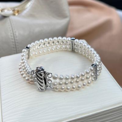 China Vintage 925 Sterling Silver Three Layers Multilayer Bracelet Women Jewelry Multi-Row Pearl Bracelet Natural Freshwater String Pearl for sale