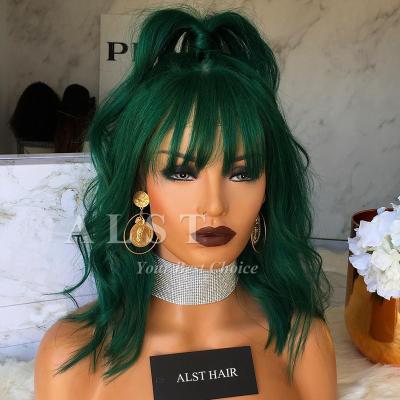 China Green Color Virgin Brazilian Hotsale Regular Wave Human Hair Lead Lace Front Wigs With Bang for sale