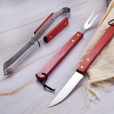 China Easily Cleaned Set of 3 Pieces BBQ Tools Accessories Stainless Steel Fork Tongs Outdoor Camping BBQ with Wooden Handle for sale