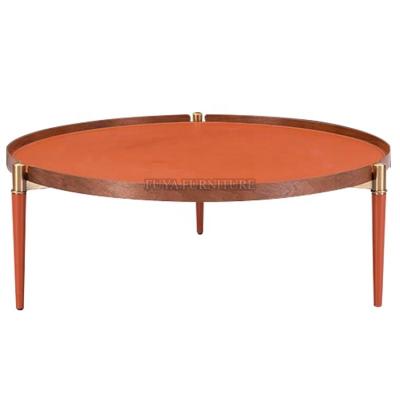 China Contemporary Designer Style Italian Furniture Round Luxury Contemporary Saddle Leather Orange Coffee Table Set for sale