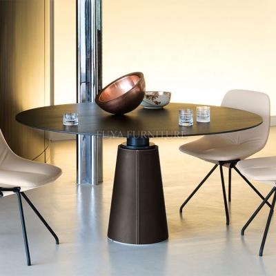 China Modern Modern Restaurant Furniture Round Chipboard Stone Top Mesa Due Leather Dining Table for sale