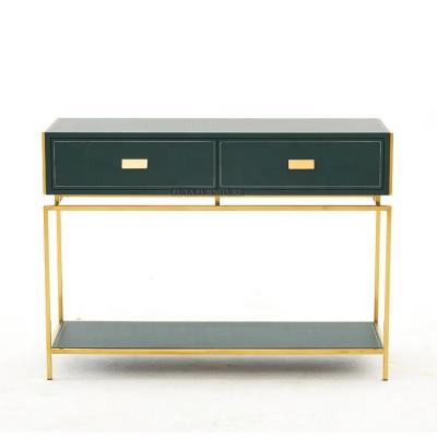 China Vintage Contemporary Antique Brass Luxury Design Italian Leather Bedroom Chest Console Table With Drawer for sale