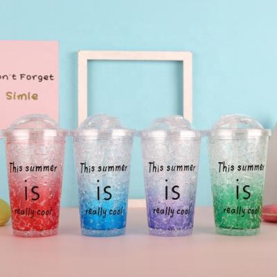 China Reuseable 16oz Double Wall Frosted Mug With Straw Letter Straw Slide Plastic Mug Freezer Cup Summer Ice Cup Creative Cool Cold Juice Drinks for sale