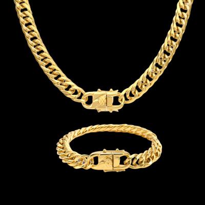 China Hiphop Stainless Steel Six Cutting Curb Cuban Chains Men's Miami Cuban Bracelets & Necklace 18k Gold Plated 12mm Wide Cuban Jewelry for sale