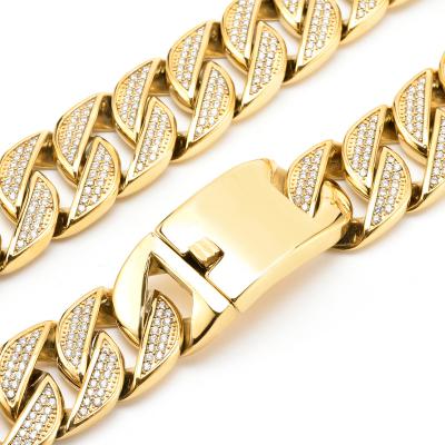 China High polished 18k Gold Iced Out Diamond Cuban Chain Hip Hop Miami Necklace Men's Heavy Chunky Link Chain Zircon Choker Necklace 32mm Wide for sale