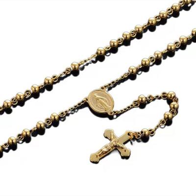 China Vintage Custom design jewelry, Jesus cross pendant necklace, wholesale gold stainless steel bead necklace for sale