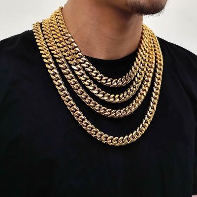 China Punk Hip Hop Men's Stainless Steel Cuban Chains 18k Gold Plated Miami Cuban Link Chain Jewelry Iced Out Brass Clasp Cuban Necklace for sale