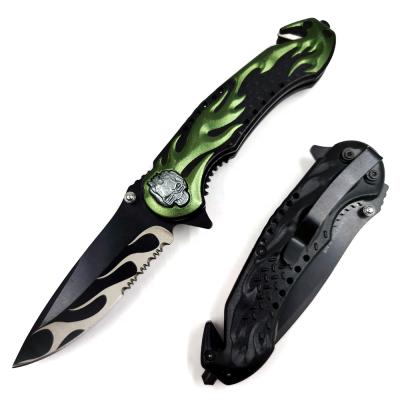 China Screw Liberation (PK-3258G) 4.5 Inch 3D Cool Green Fire Flame Embossed Handle Skull Inlaid Opening Pocket Fighter Rescue Assisted Folding Knife for sale