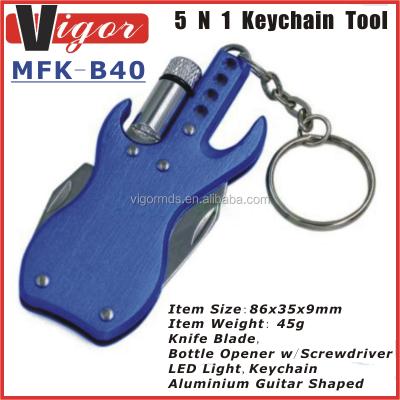 China Multi Functional Knife (MFK-B40) 5N 1 Guitar Shaped Aluminum Handle LED Light Knife Bottle Opener Multi Key Chain Tool for sale