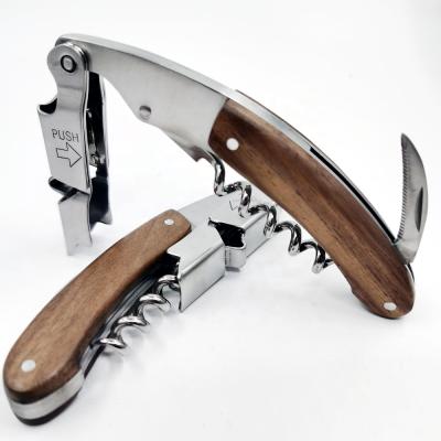 China (OP-2061W) Quality Stainless Steel Wood Handle Inlaid Build In Double Lever Wine Corkscrew Opener Red Wine Head Spiral Opener for sale