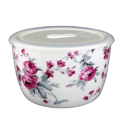 China Decal Viable Elegant Red Rose Deep Salad Ceramic Flower Bowls With Colorful Plastic Lids Mixing Bowl Set for sale