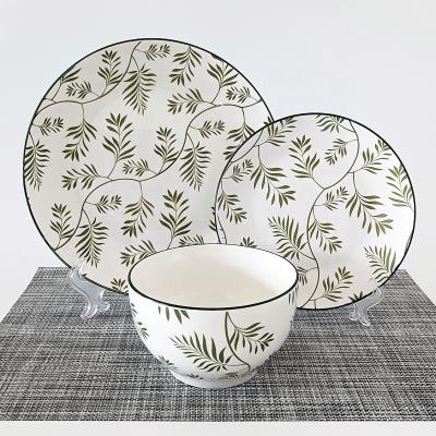 China Sustainable Ceramic Dish Bowl Sets Fine Dinnerware Customized Porcelain Dinnerware Set With Green Willow Leaf Design for sale