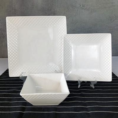 China Microwavable Viable Square Dinner Plate Soup Dish Sets With Sides Embossed White Porcelain Square Hotel Restaurant Dinnerware Sets for sale