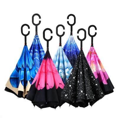 China Fashionable Windproof Double Layer Folding Inverted Umbrella, Rain Cover Upside Down Car Self Stand Reverse Umbrellas for sale