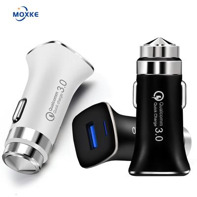 China Moxke Qualcomm QC3.0 Mobile Phone Charger 18W Cigarette Car Charger Metal Safety Hammer Fast Single Lighter Car Charger Customized Logo for sale