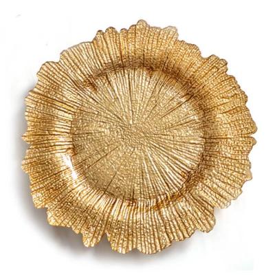 China 13 Inch Joy Tableware High Sale Glass Golden Reef Charger Table Viable Wedding Party Decorative Charger Dish for sale