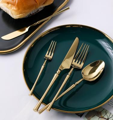 China Sustainable New Design Gold Mirrored Stainless Steel Rustic Cutlery Set Set for sale