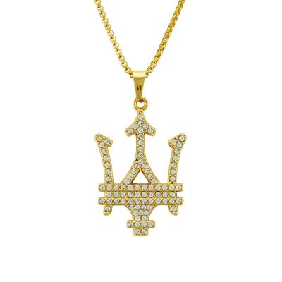 China New HipHop Trend Hip Hop Hitter Iced Out Diamond 14K Gold Trident Pendant Necklace for sale