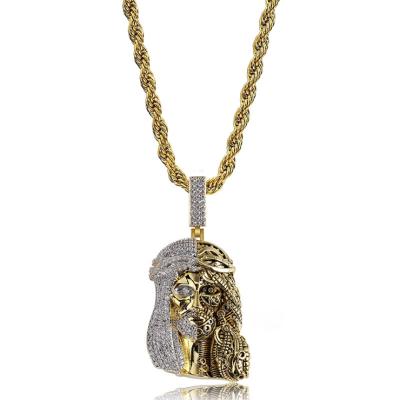 China HipHop Wholesale Hiphop Copper CZ Iced Out Gold Plated Cyborg Pendant Jesus Face Necklace for sale